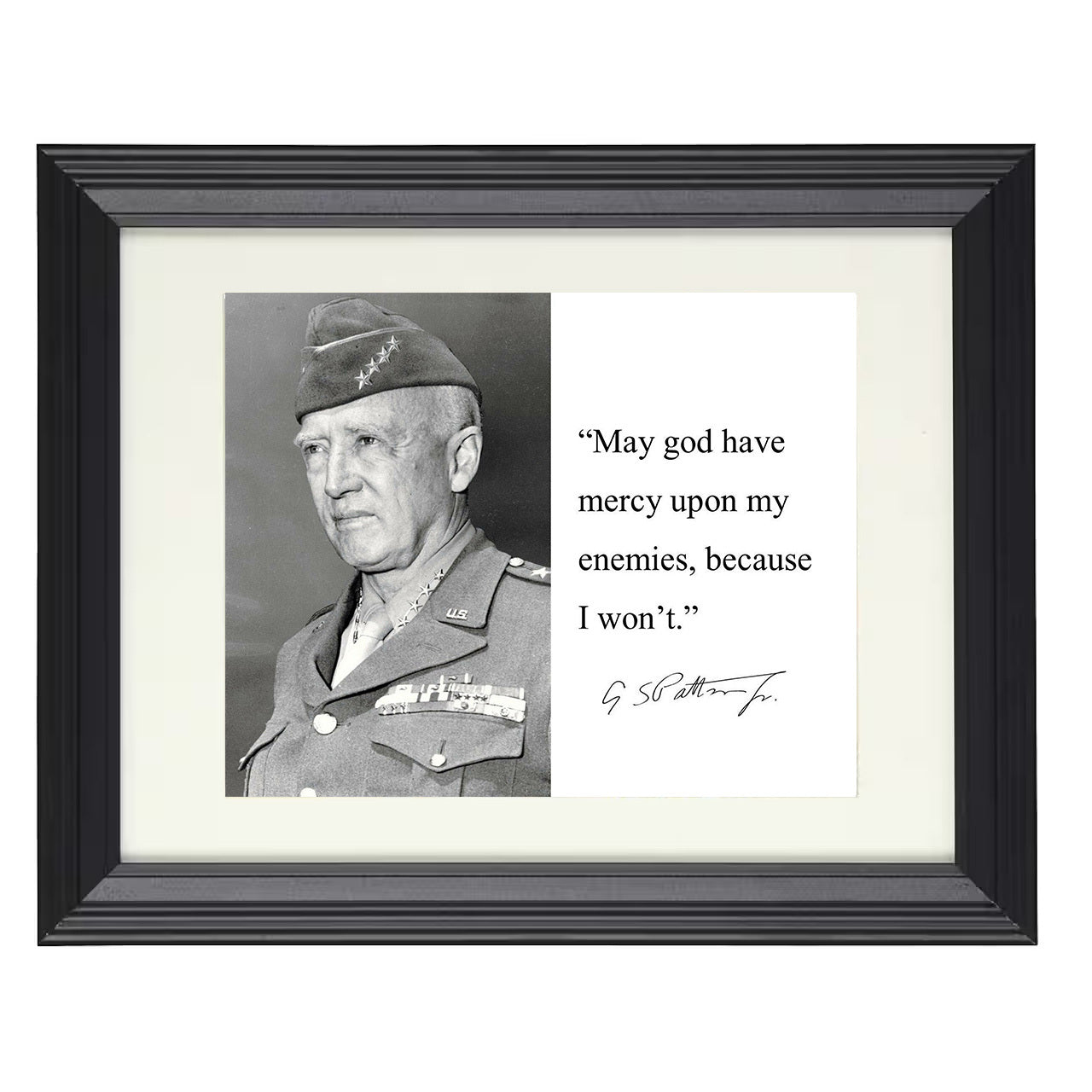 George S. Patton – No Mercy for Enemies – 8x10 black beveled framed quote wall art