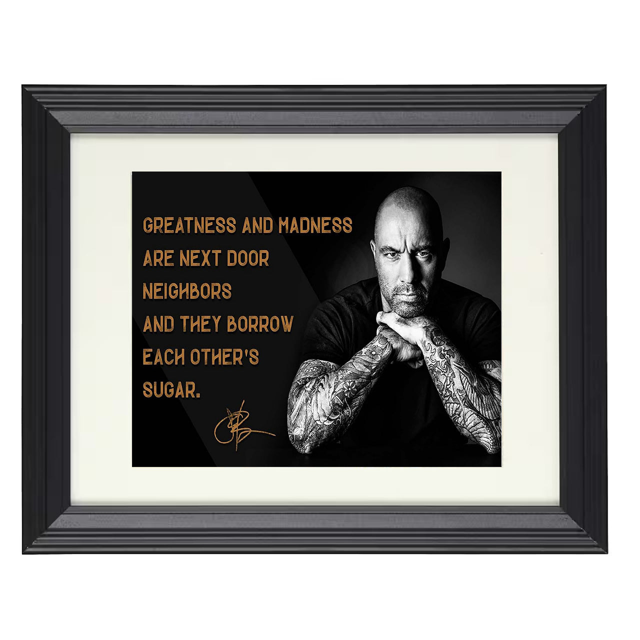 Joe Rogan – Greatness Meets Madness – 8x10 black beveled framed quote wall art