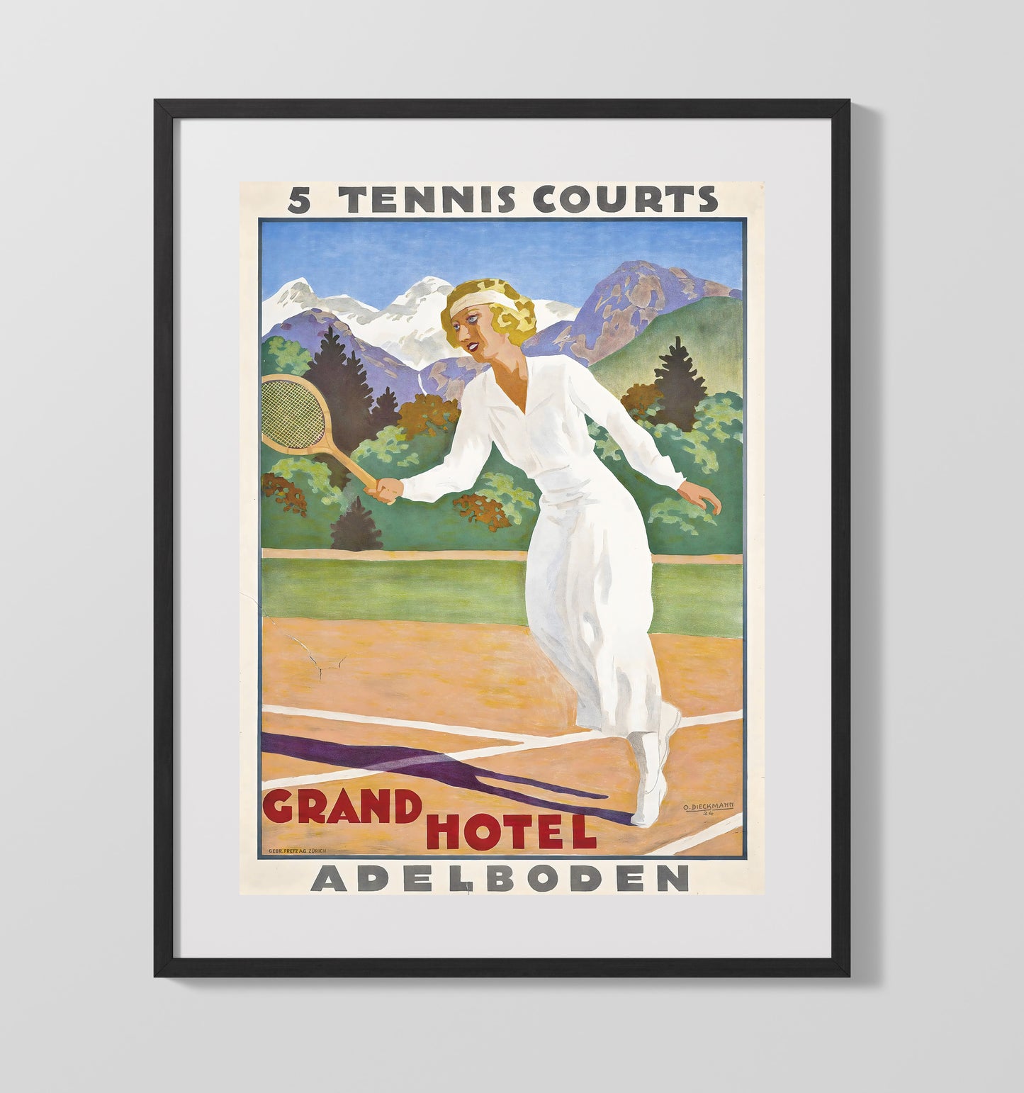 Adelboden Tennis Hotel Vintage Travel Print 16x20 Gallery Frame travel wall art print
