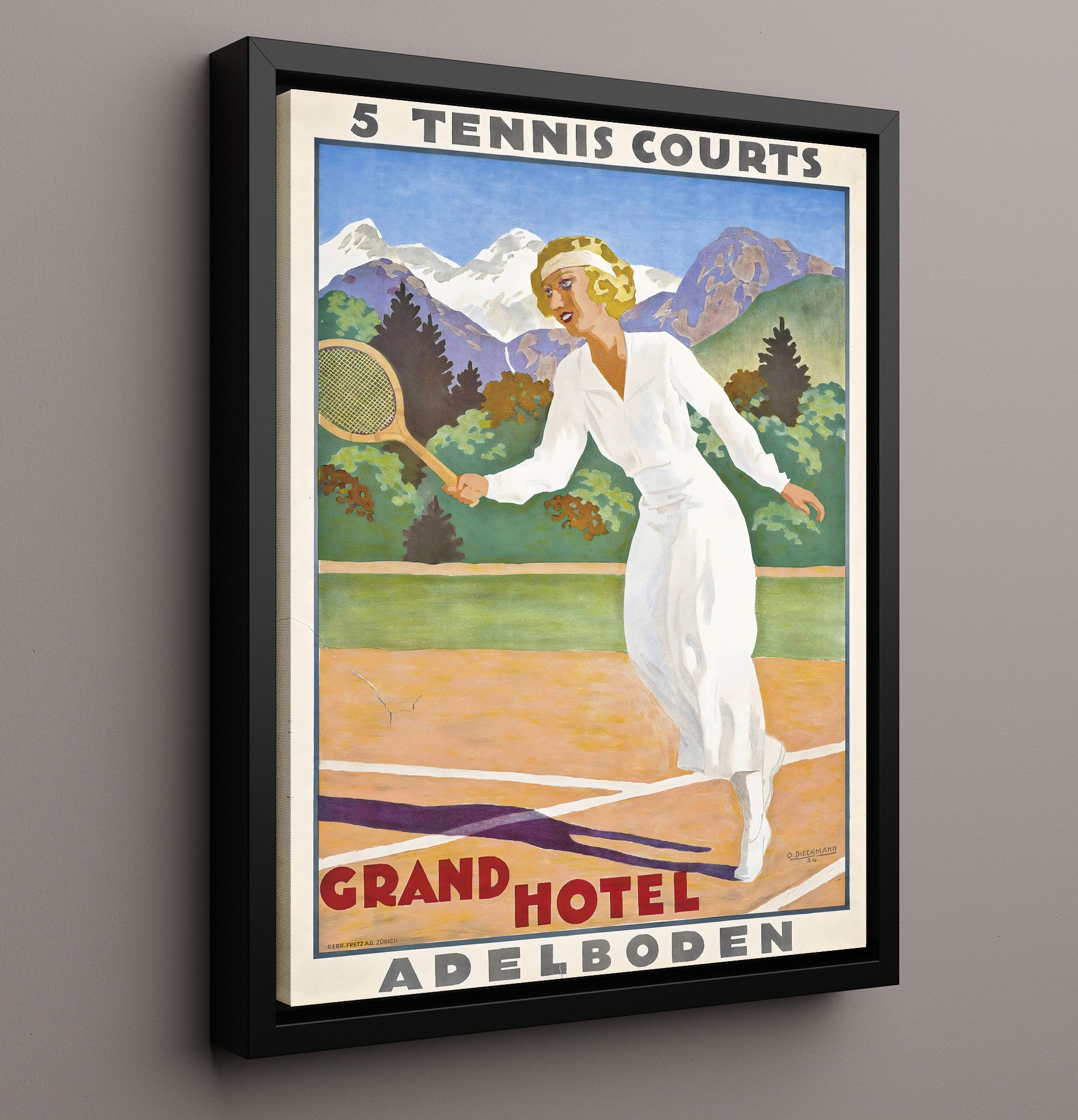 Adelboden Tennis Hotel Vintage Travel Print 16x20 Framed Canvas travel wall art print