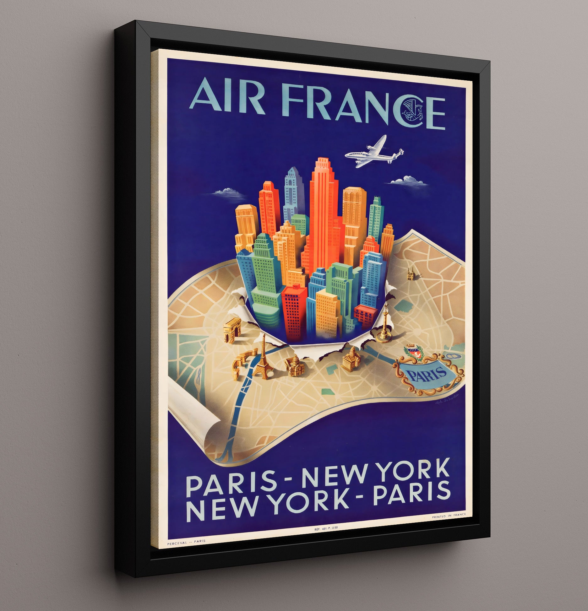 Air France Paris to New York Vintage Travel Print 16x20 Framed Canvas travel wall art print