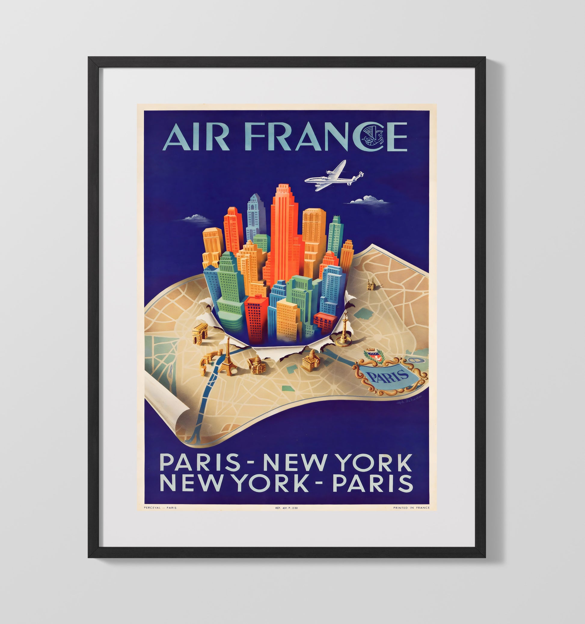 Air France Paris to New York Vintage Travel Print 16x20 Gallery Frame travel wall art print