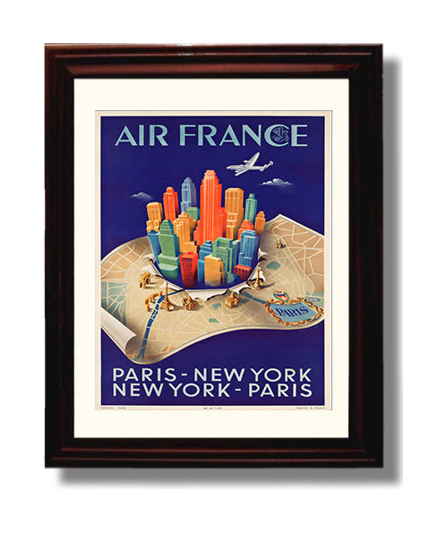 Air France Paris to New York Vintage Travel Print 8x10 Beveled Frame travel wall art print