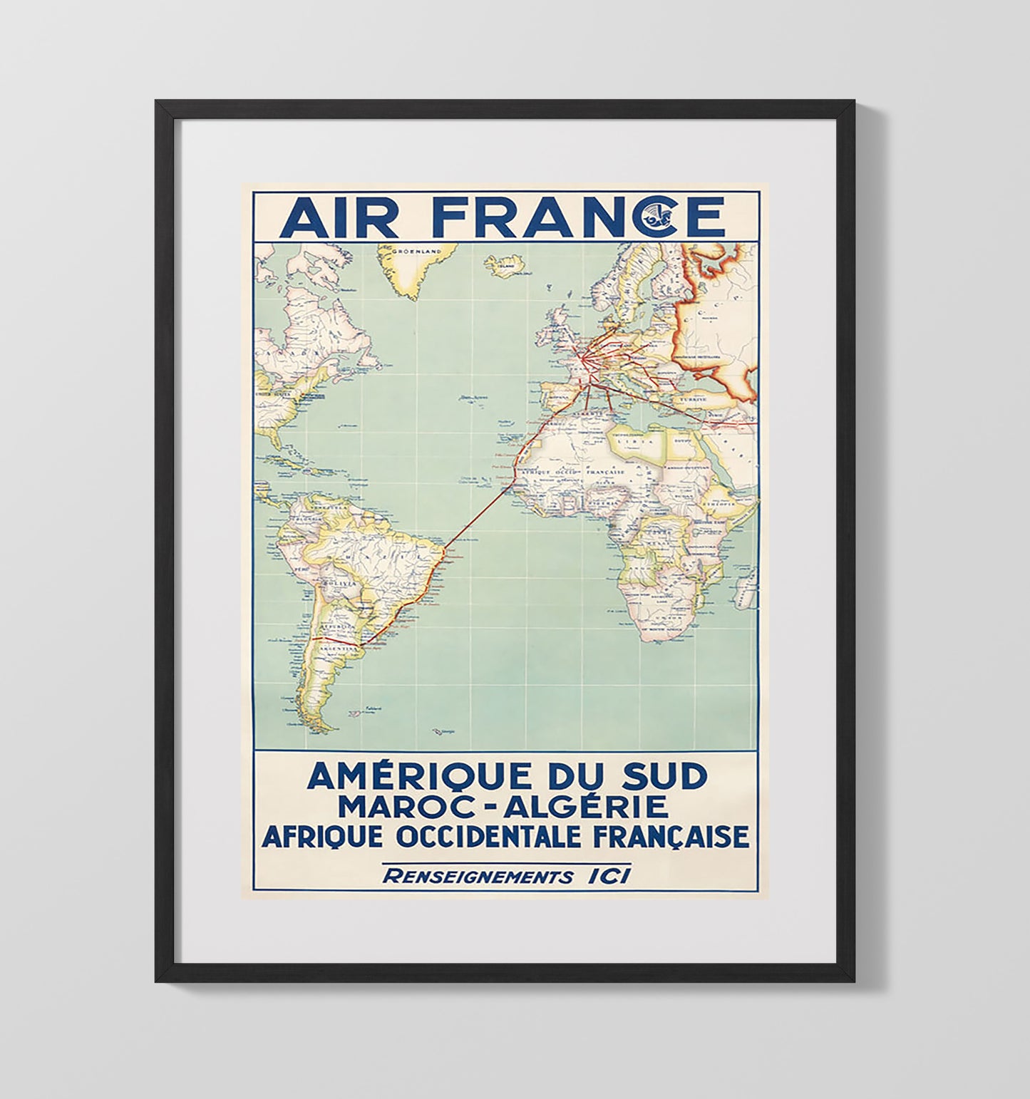 Air France South America Africa Map Vintage Travel Print 16x20 Gallery Frame travel wall art print