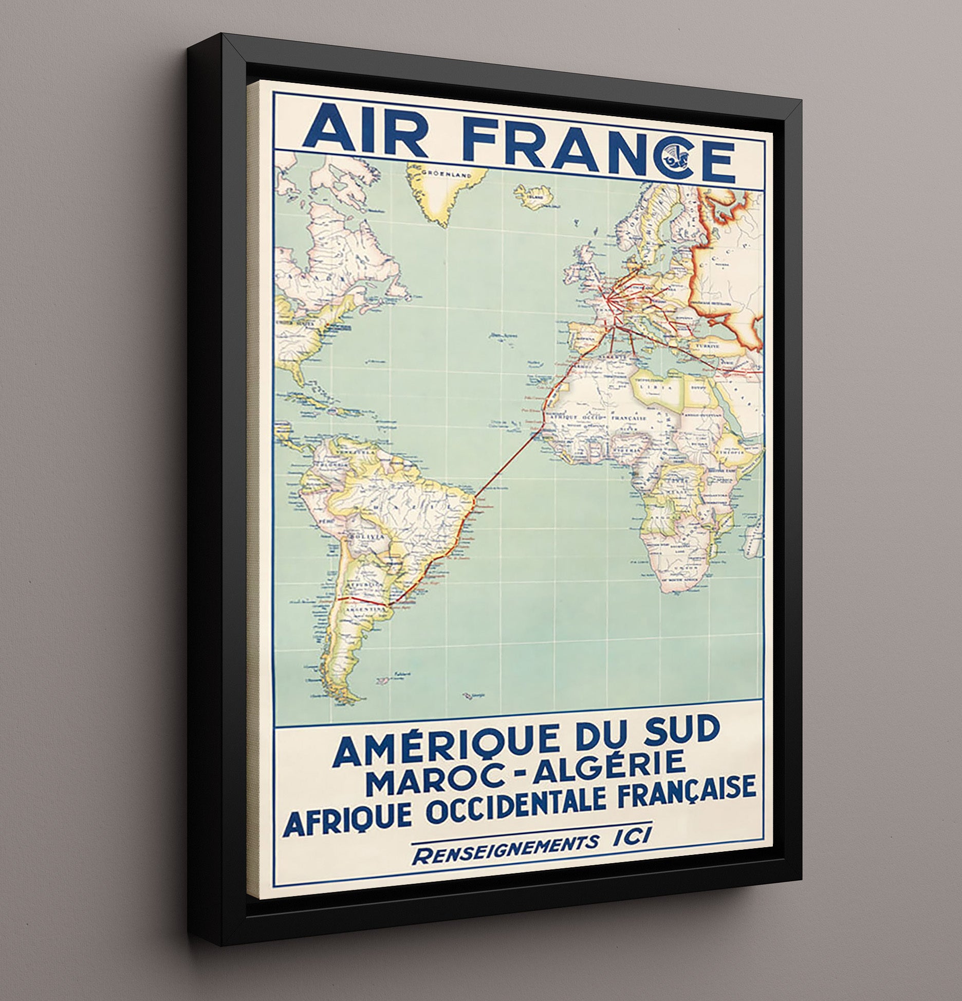 Air France South America Africa Map Vintage Travel Print 16x20 Framed Canvas travel wall art print