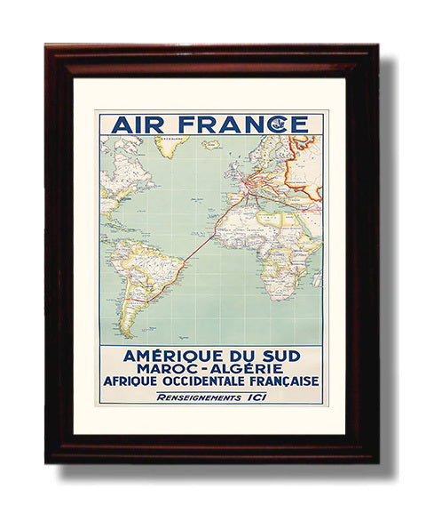 Air France South America Africa Map Vintage Travel Print 8x10 Beveled Frame travel wall art print