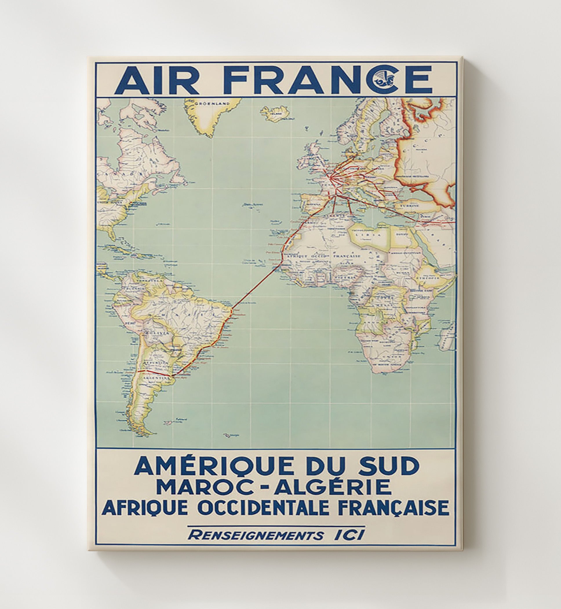 Air France South America Africa Map Vintage Travel Print 20x24 Canvas travel wall art print
