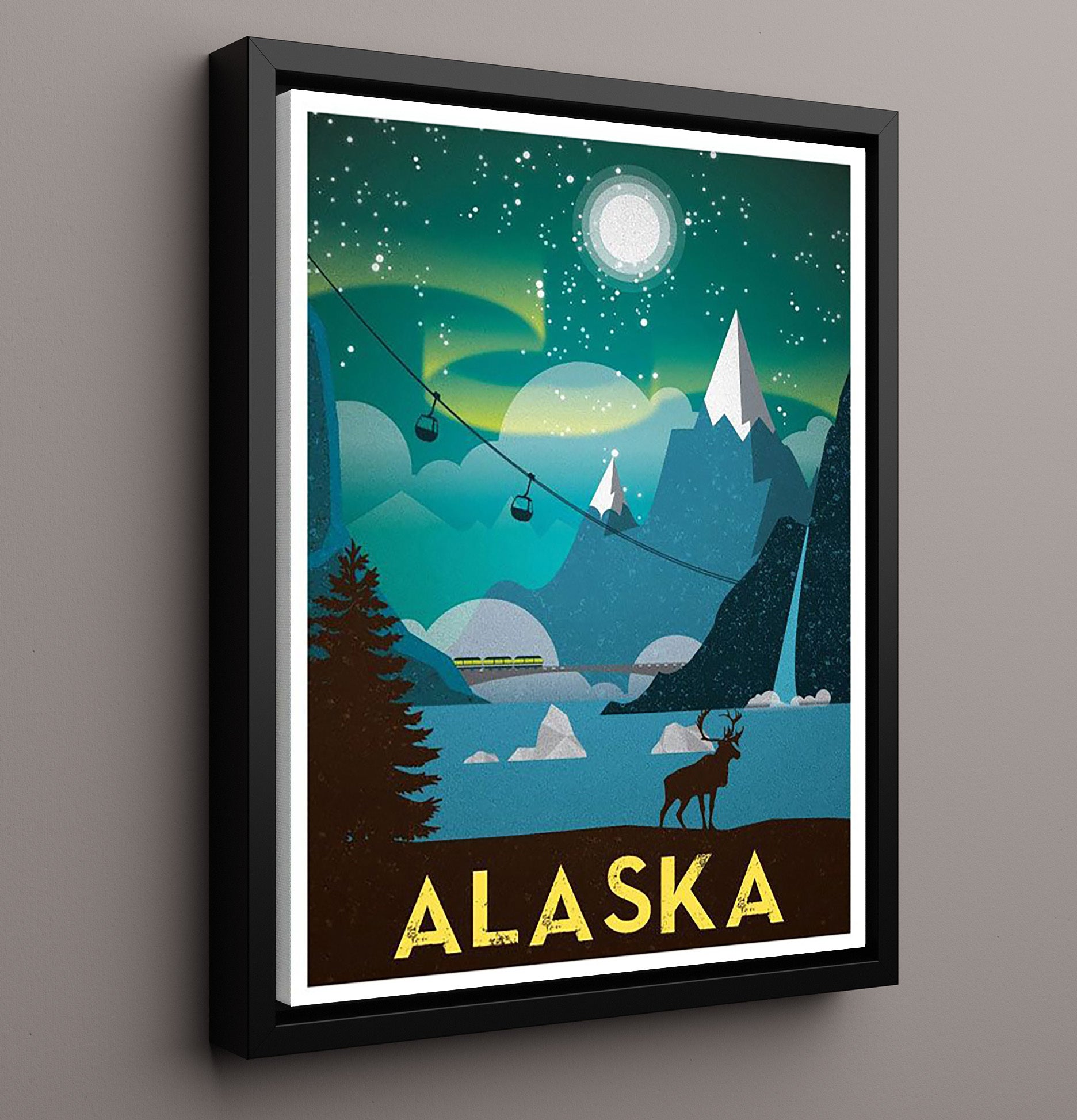 Alaska Northern Lights Vintage Travel Print 16x20 Framed Canvas travel wall art print