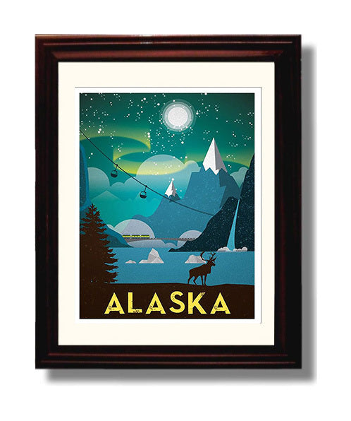 Alaska Northern Lights Vintage Travel Print 8x10 Beveled Frame travel wall art print