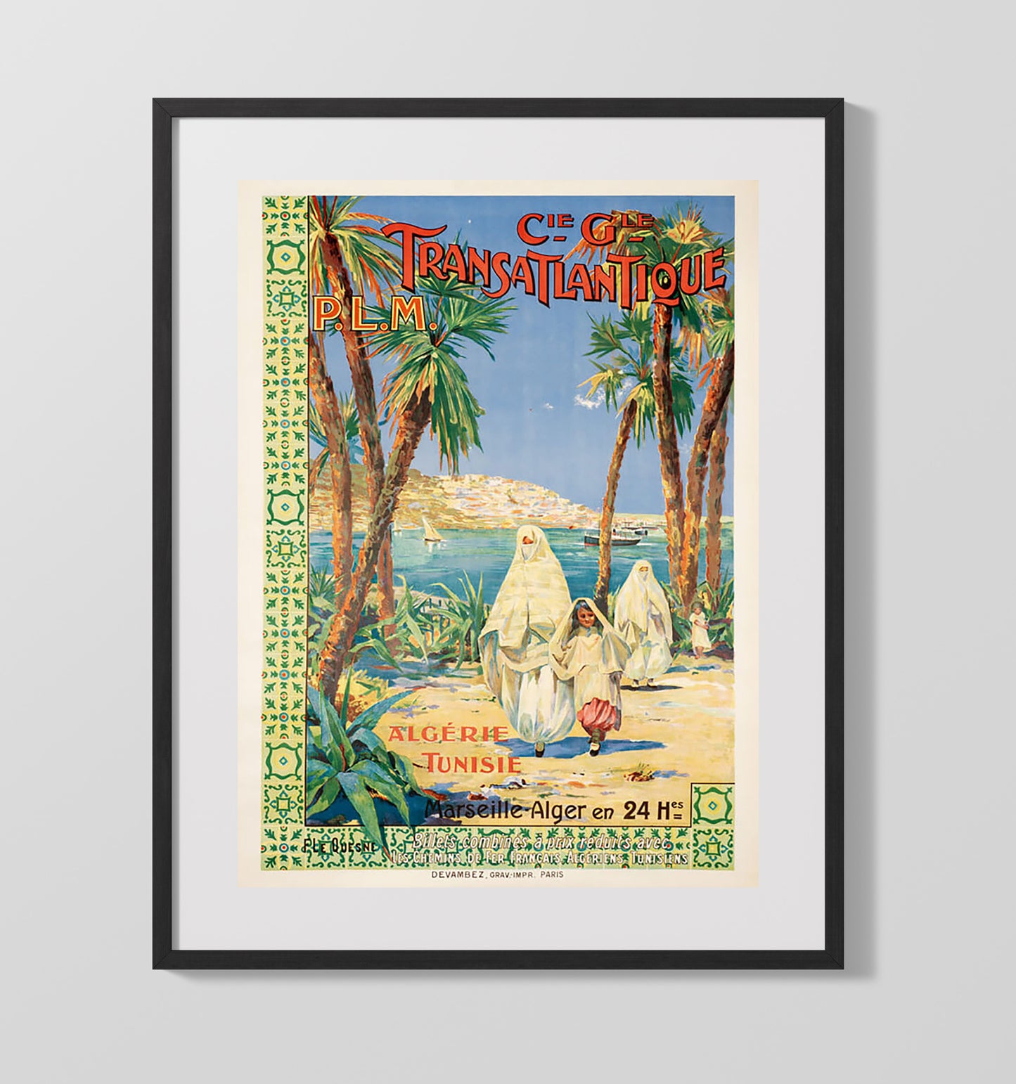 Algeria Tunisia PLM Vintage Travel Print 16x20 Gallery Frame travel wall art print