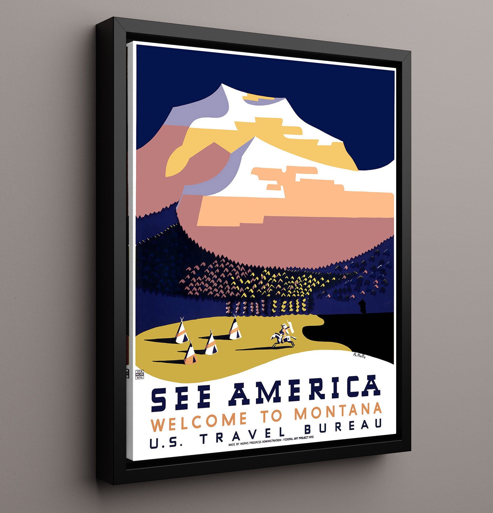 America America Montana 3 Vintage Travel Print 16x20 Framed Canvas travel wall art print