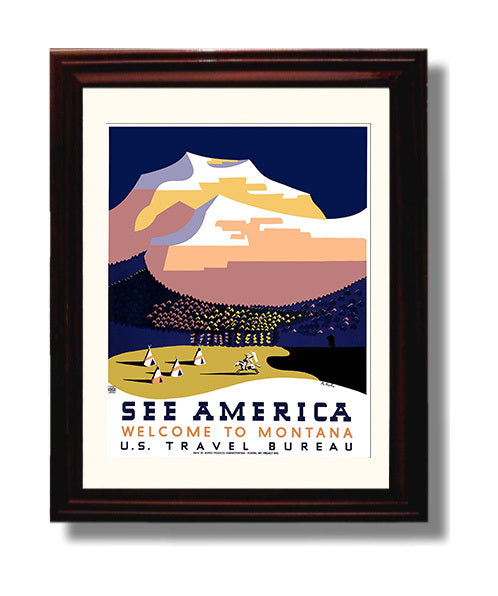 America America Montana 3 Vintage Travel Print 8x10 Beveled Frame travel wall art print