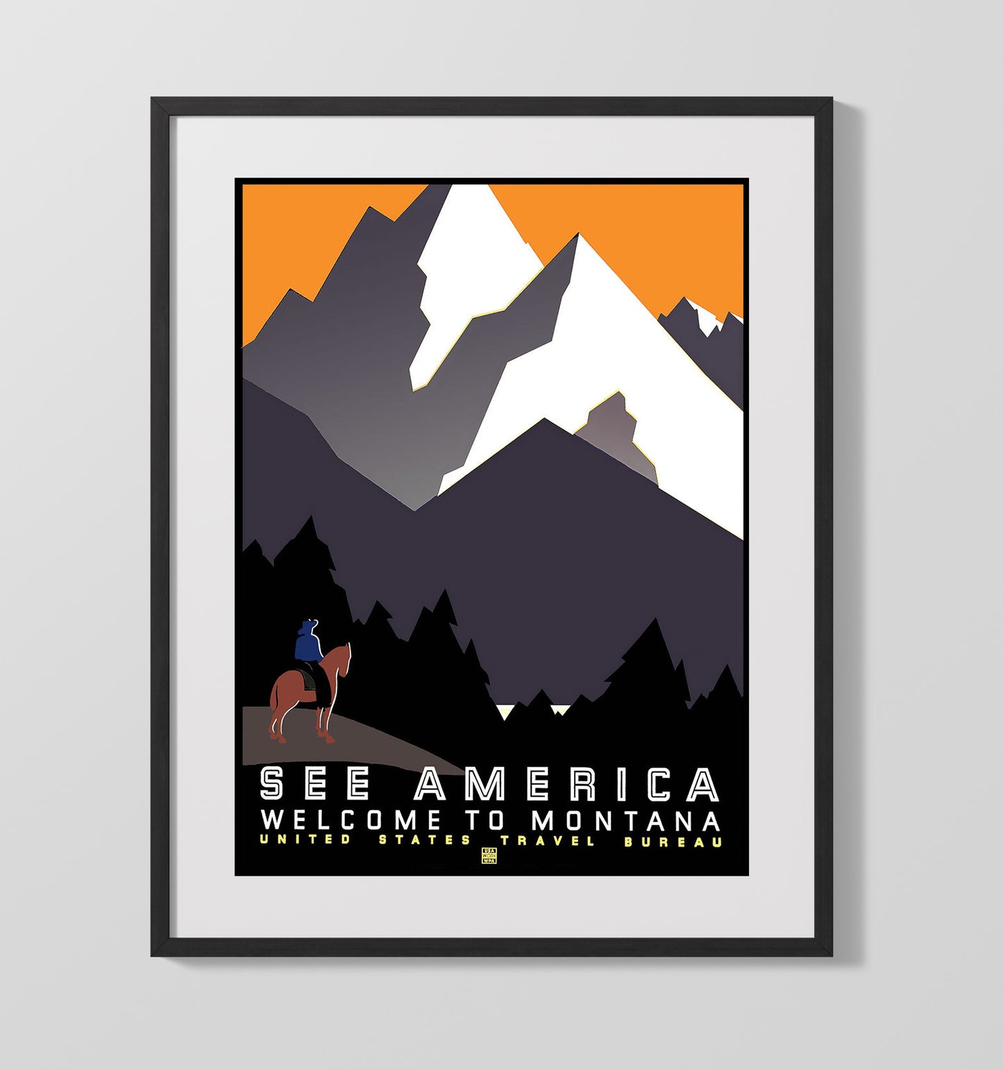America America Montana Horse Vintage Travel Print 16x20 Gallery Frame travel wall art print