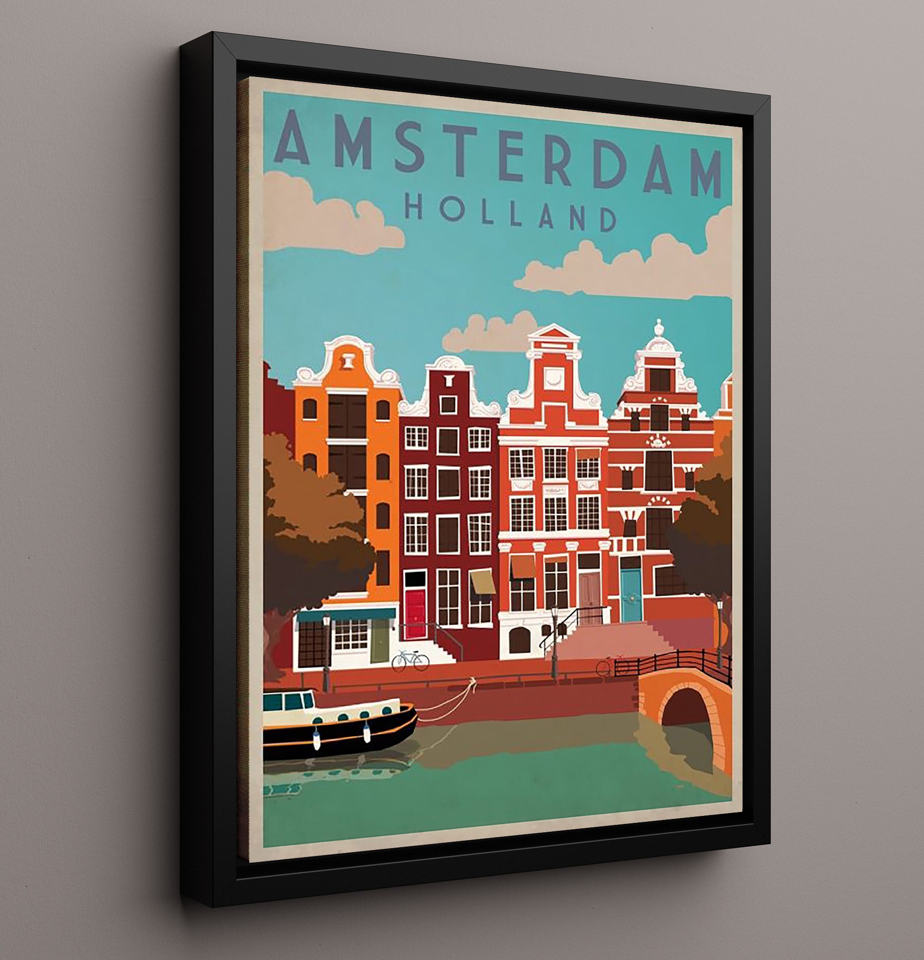 Amsterdam Canal Houses Vintage Travel Print 16x20 Framed Canvas travel wall art print