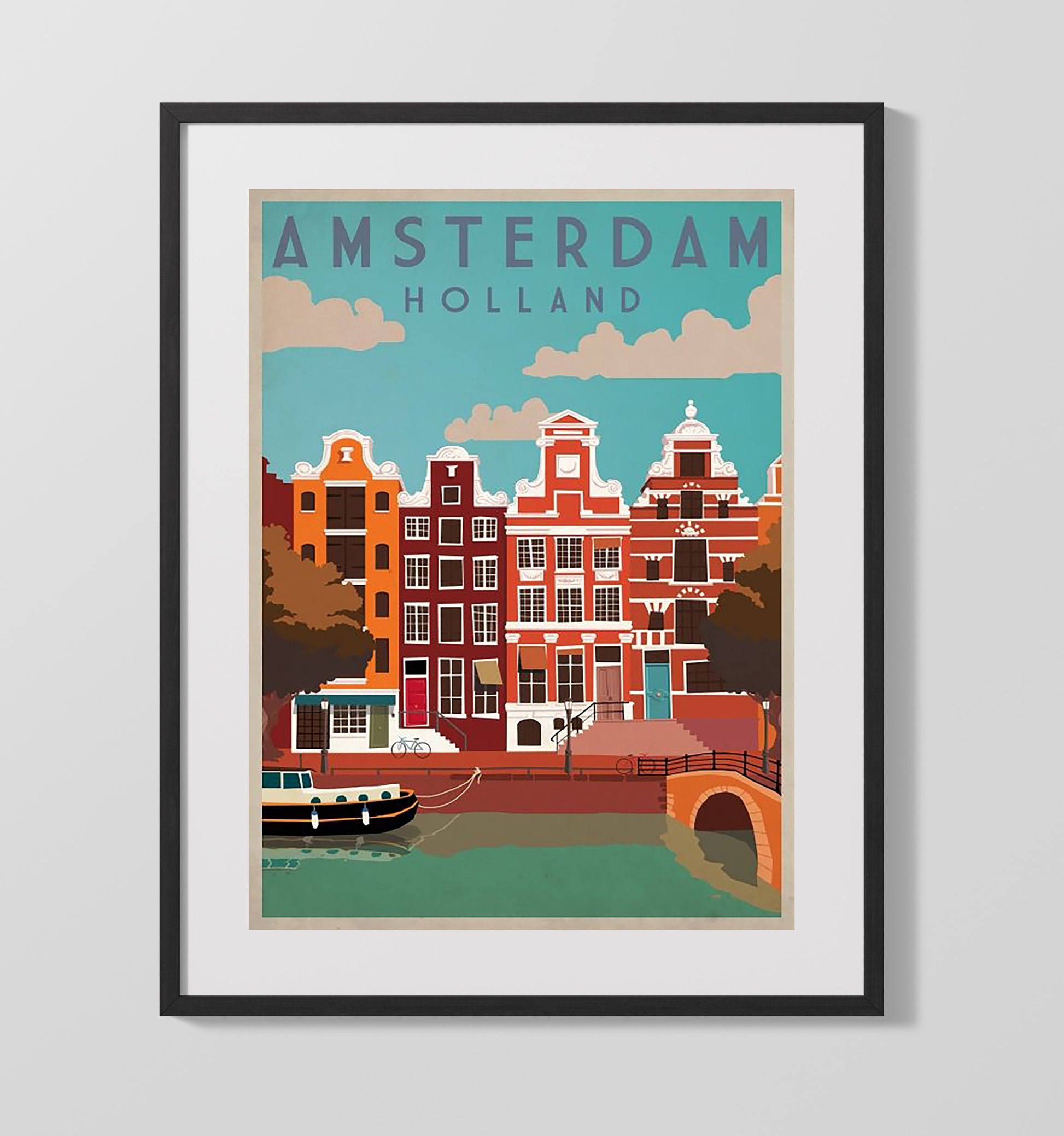 Amsterdam Canal Houses Vintage Travel Print 16x20 Gallery Frame travel wall art print