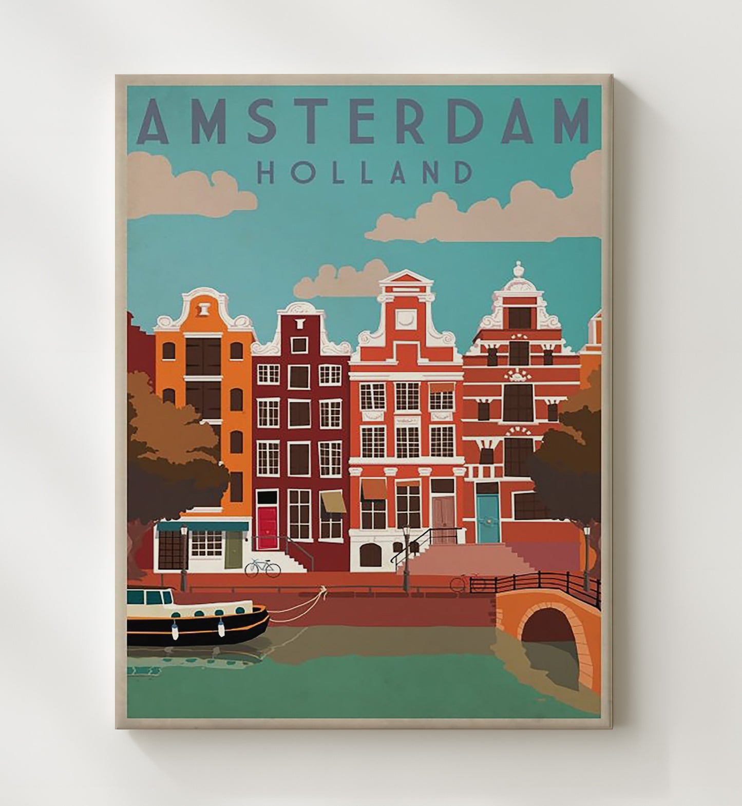 Amsterdam Canal Houses Vintage Travel Print 20x24 Canvas travel wall art print