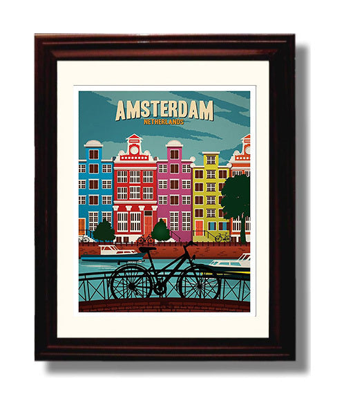 Amsterdam Canal Houses with Bicycle travel poster wall art 8x10 Canvas