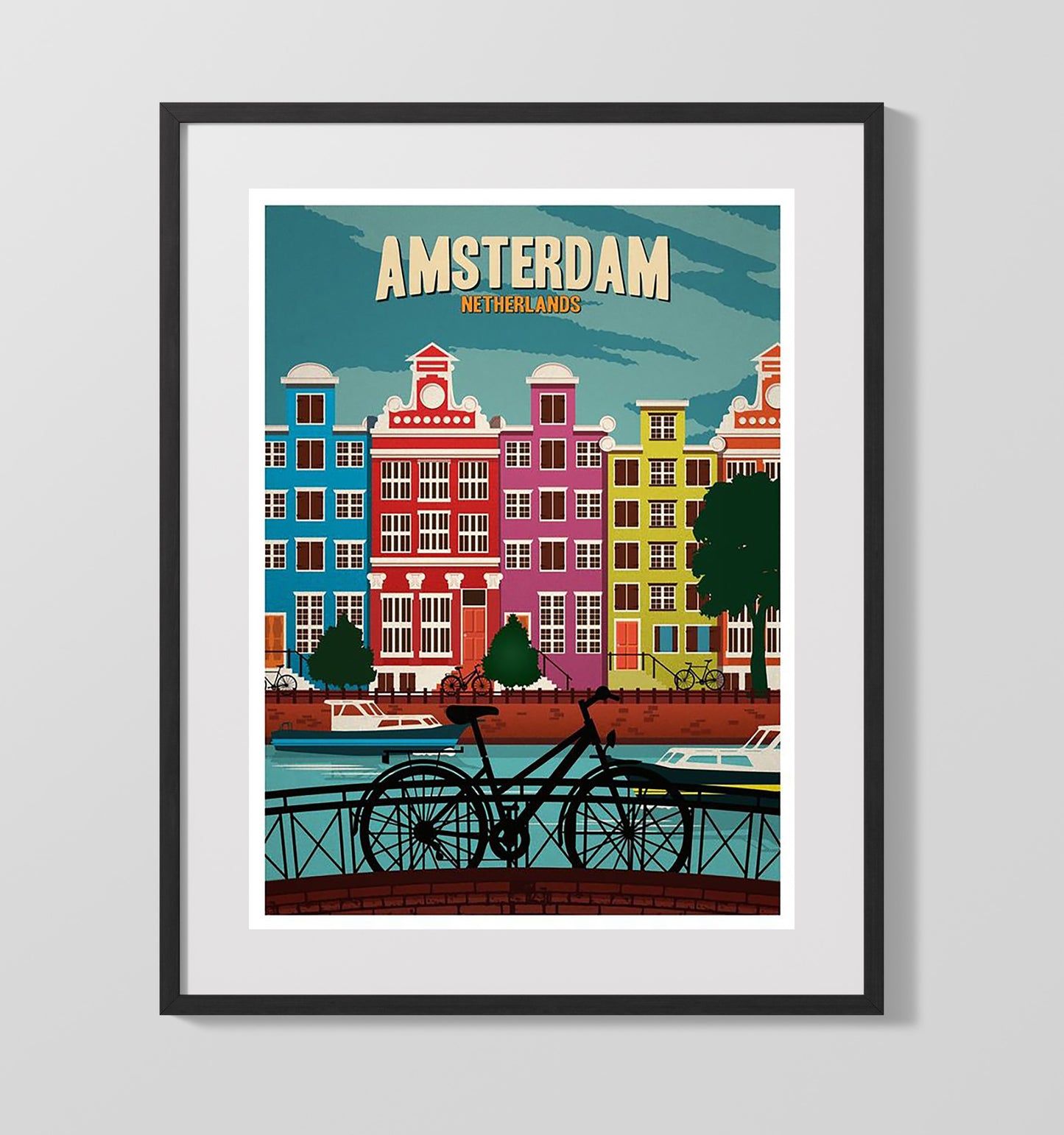 Amsterdam Canal Houses with Bicycle Vintage Travel Print 16x20 Gallery Frame travel wall art print