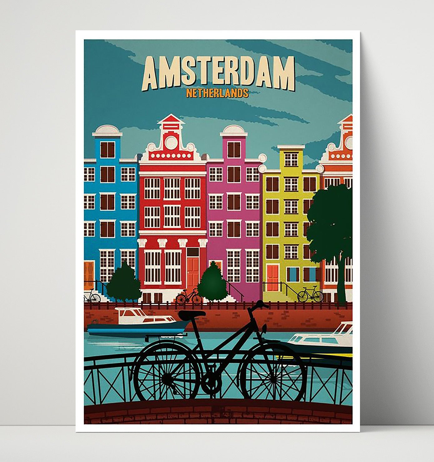 Amsterdam Canal Houses with Bicycle Vintage Travel Print 16x20 Unframed Print travel wall art print