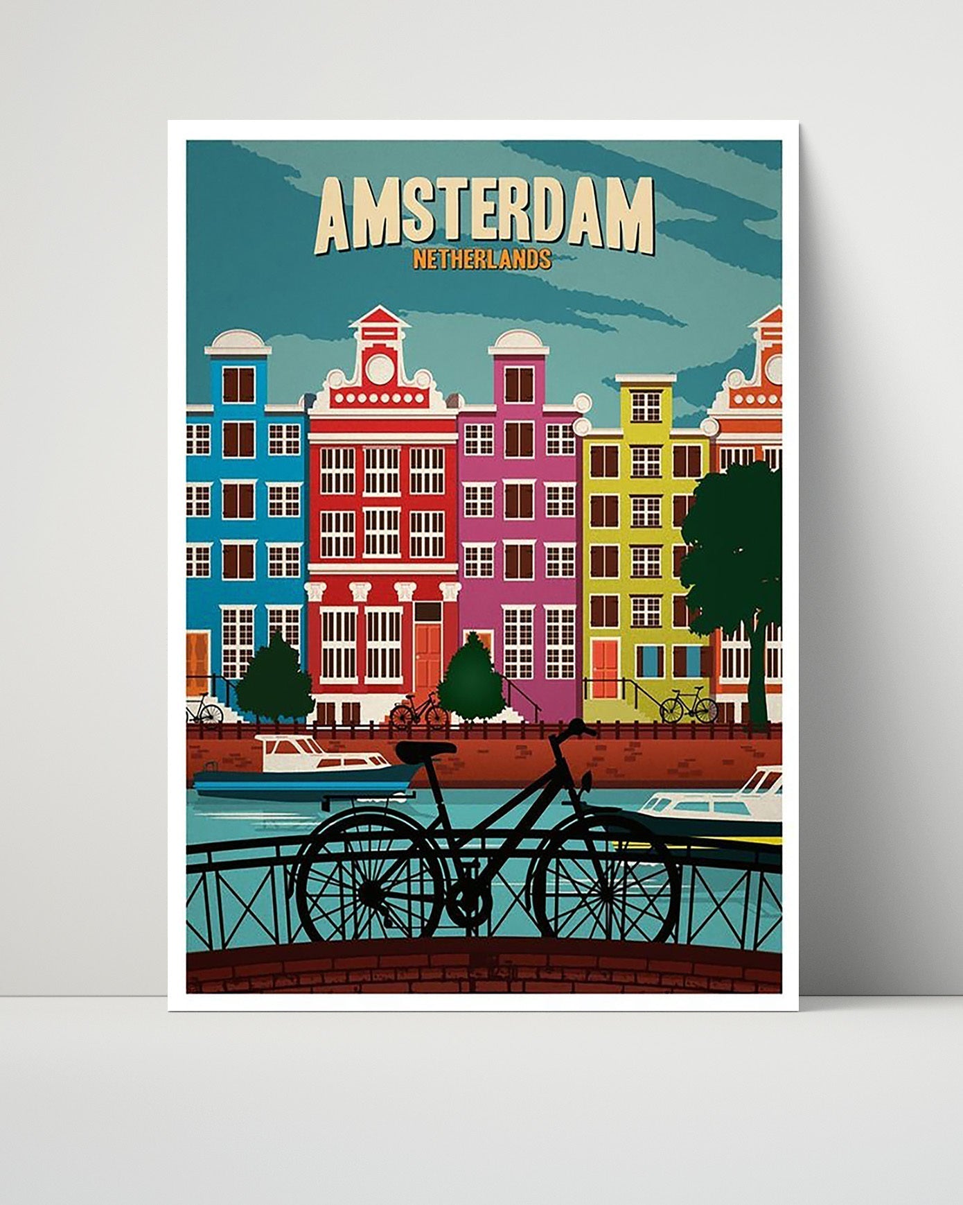 Classic Travel Poster - Amsterdam - Canal Houses Travel Vintage Framed Prints Poster 16x20
