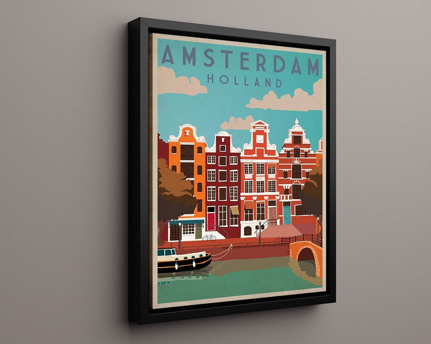 Classic Travel Poster - Amsterdam - Canal Houses with Bicycle