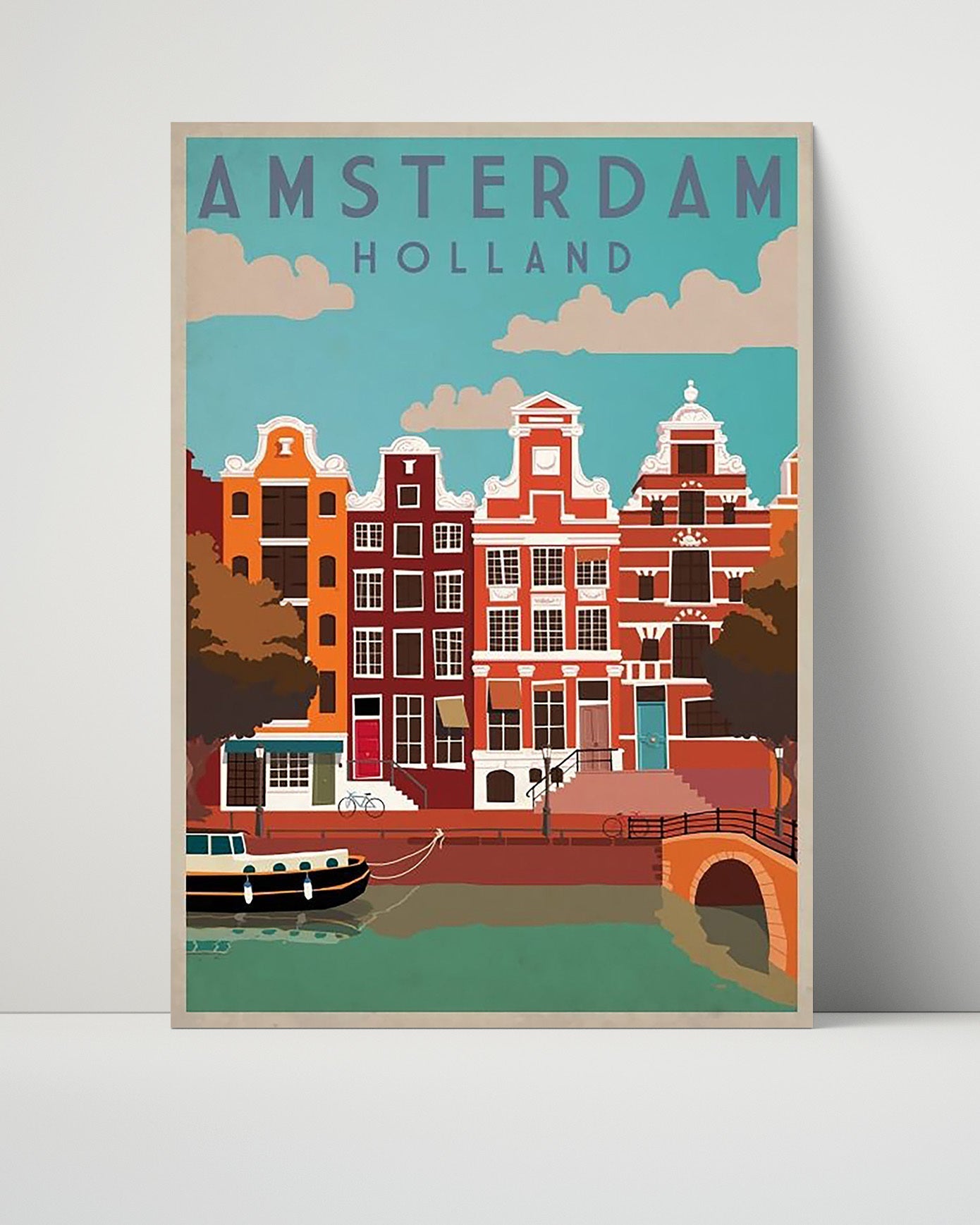 Classic Travel Unframed Poster -  Amsterdam - Canal Houses with Bicycle