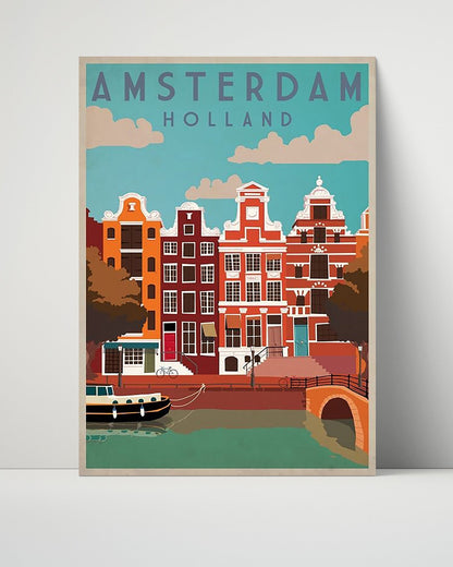 Classic Travel Unframed Poster -  Amsterdam - Canal Houses with Bicycle