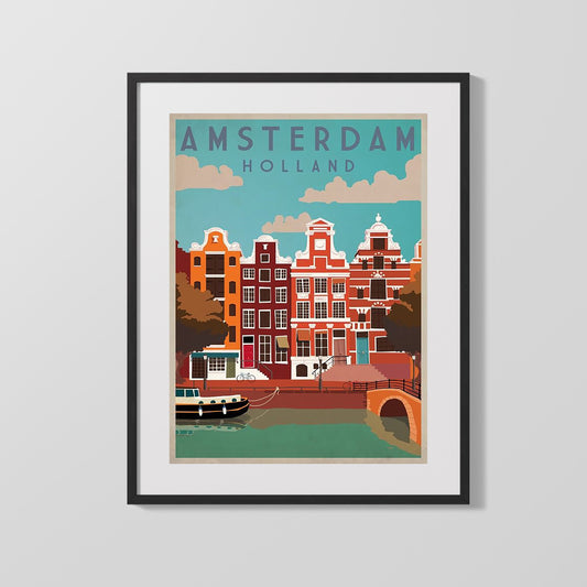 Classic Travel Poster - Amsterdam - Canal Houses with Bicycle