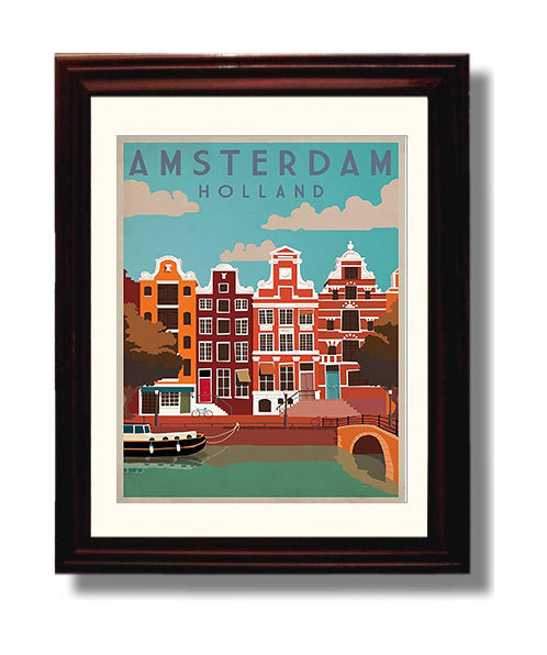 Classic Travel Poster - Amsterdam - Canal Houses with Bicycle