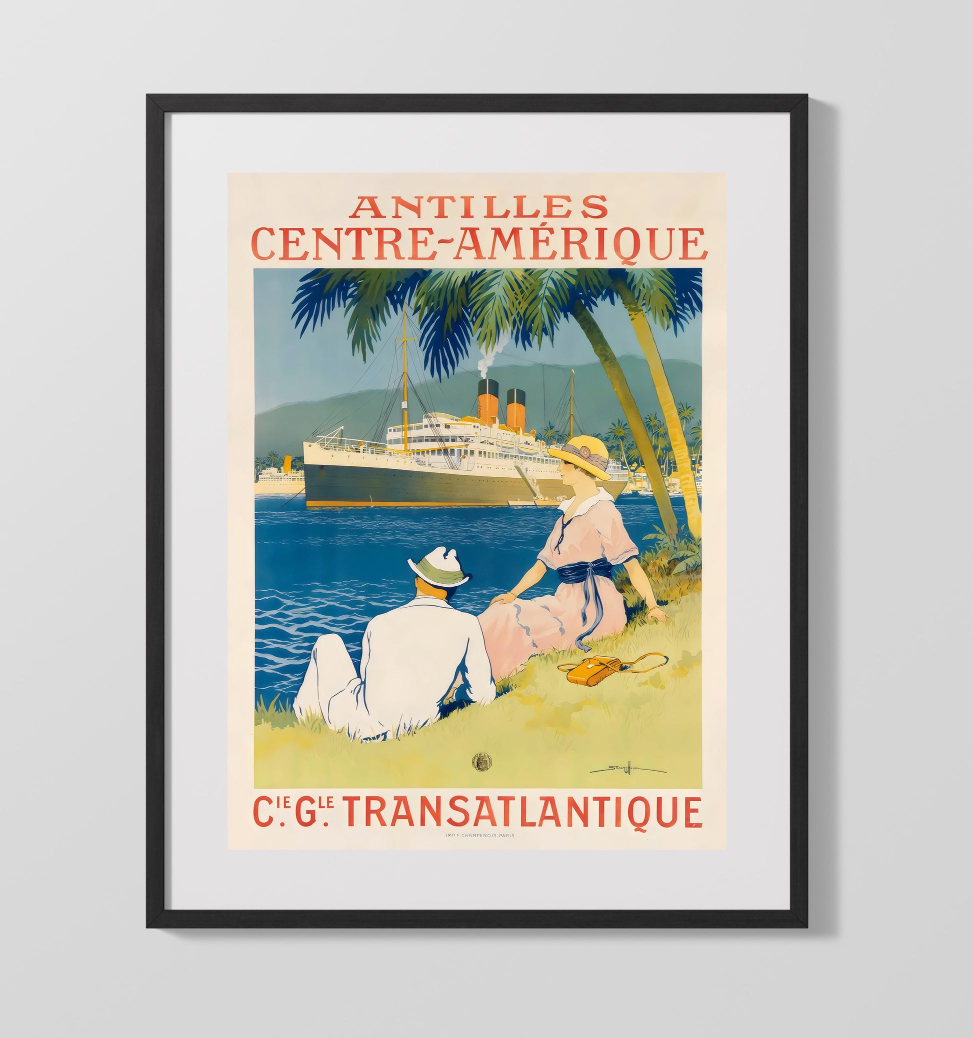 Antilles Transatlantique Vintage Travel Print 16x20 Gallery Frame travel wall art print