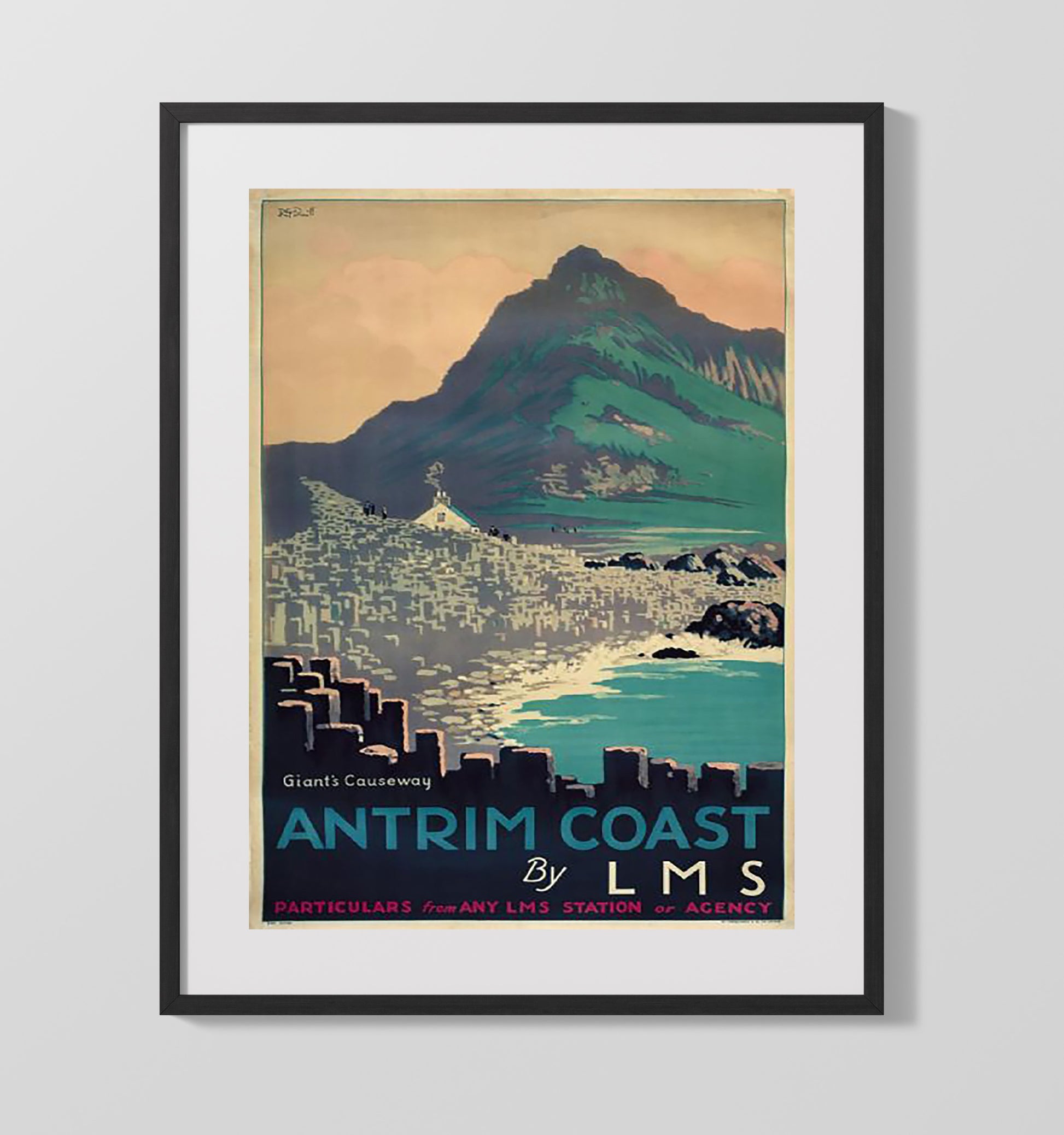Antrim Coast Giants Causeway Vintage Travel Print 16x20 Gallery Frame travel wall art print