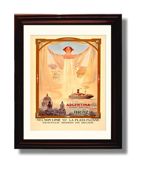 Argentina and Brazil Nelson Line Vintage Travel Print 8x10 Beveled Frame travel wall art print