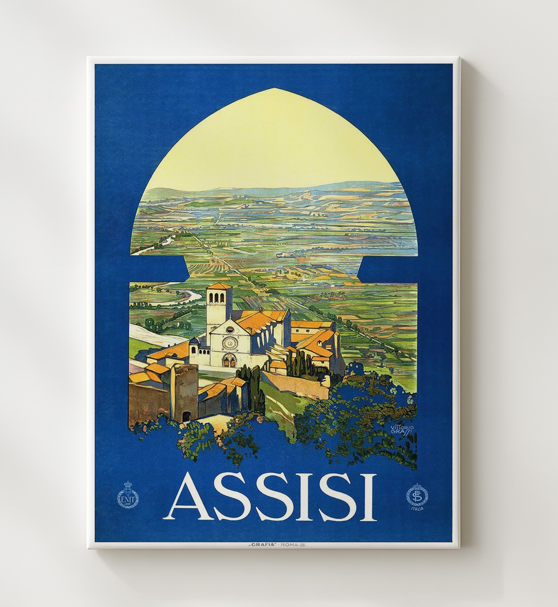 Assisi Basilica and Valley View Vintage Travel Print 20x24 Canvas travel wall art print