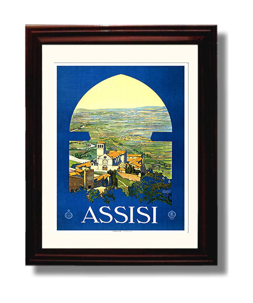 Assisi Basilica and Valley View Vintage Travel Print 8x10 Beveled Frame travel wall art print