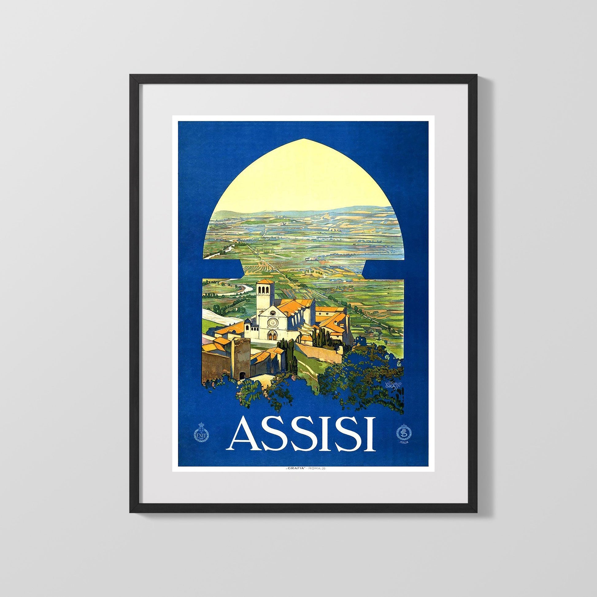 Classic Travel Poster - Assisi - Basilica and Valley View Travel Vintage Framed Prints Gallery Frame 16x20