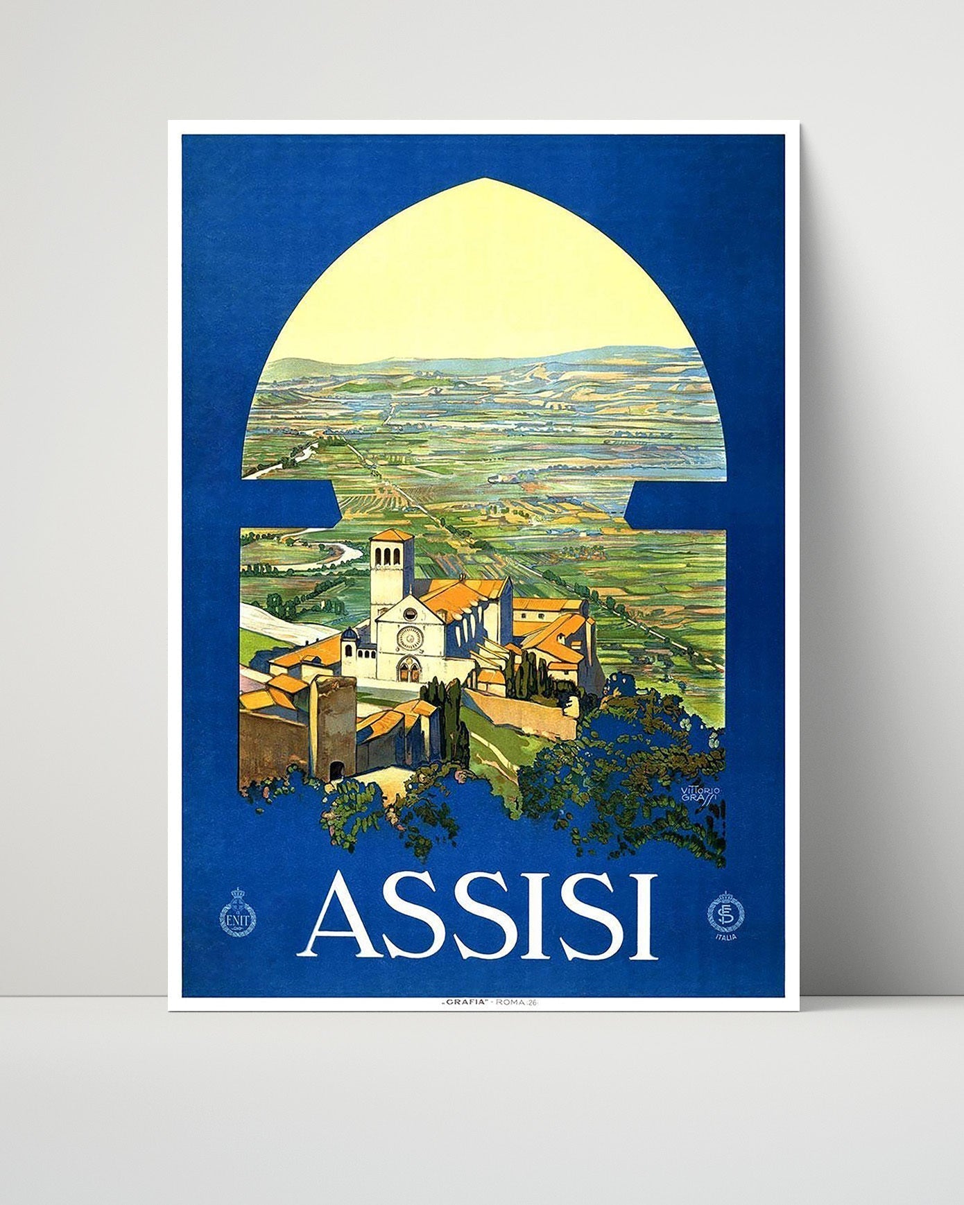 Classic Travel Poster - Assisi - Basilica and Valley View Travel Vintage Framed Prints Poster 16x20