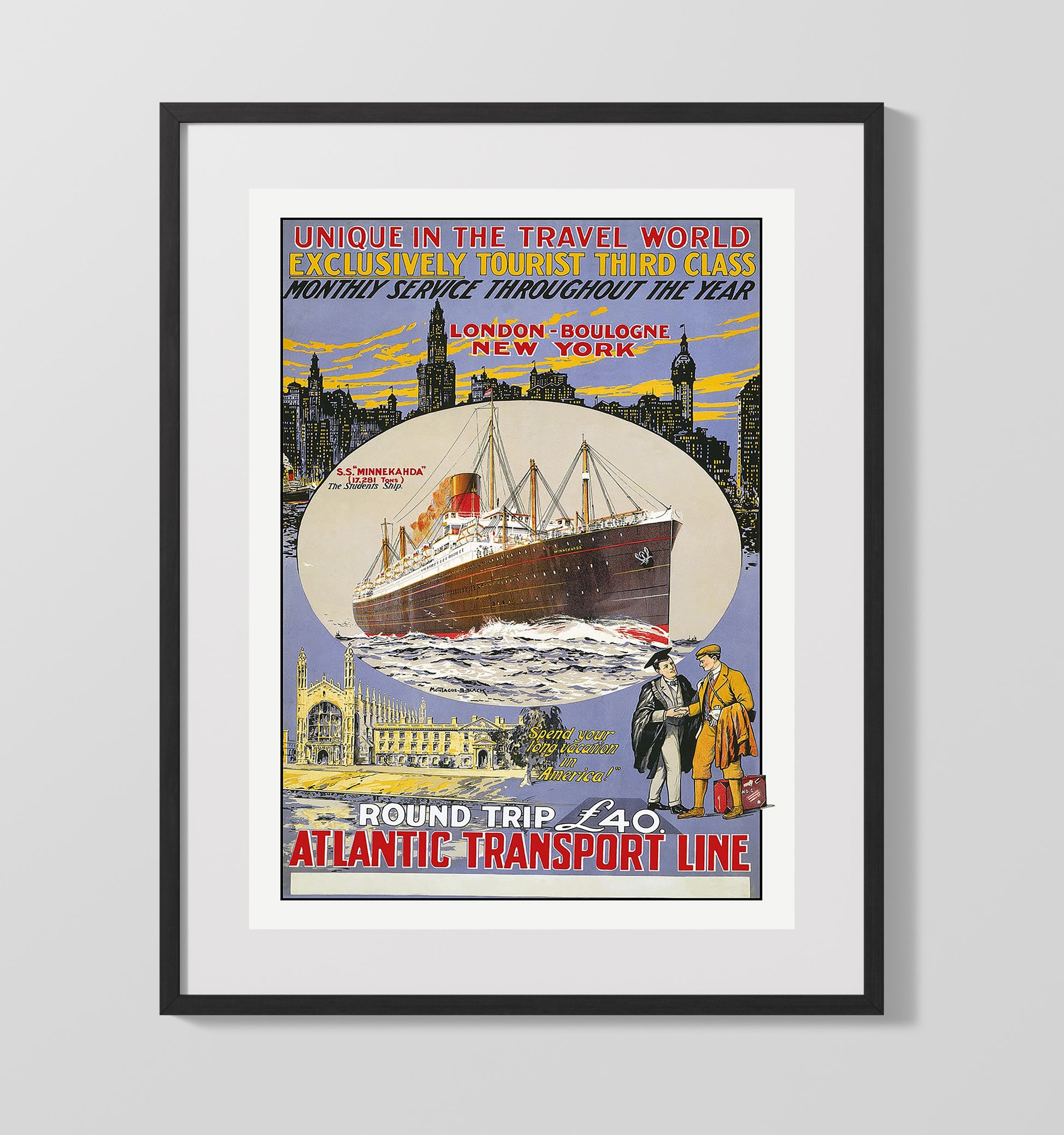 Atlantic Transport Ocean Liner to New York Vintage Travel Print 16x20 Gallery Frame travel wall art print