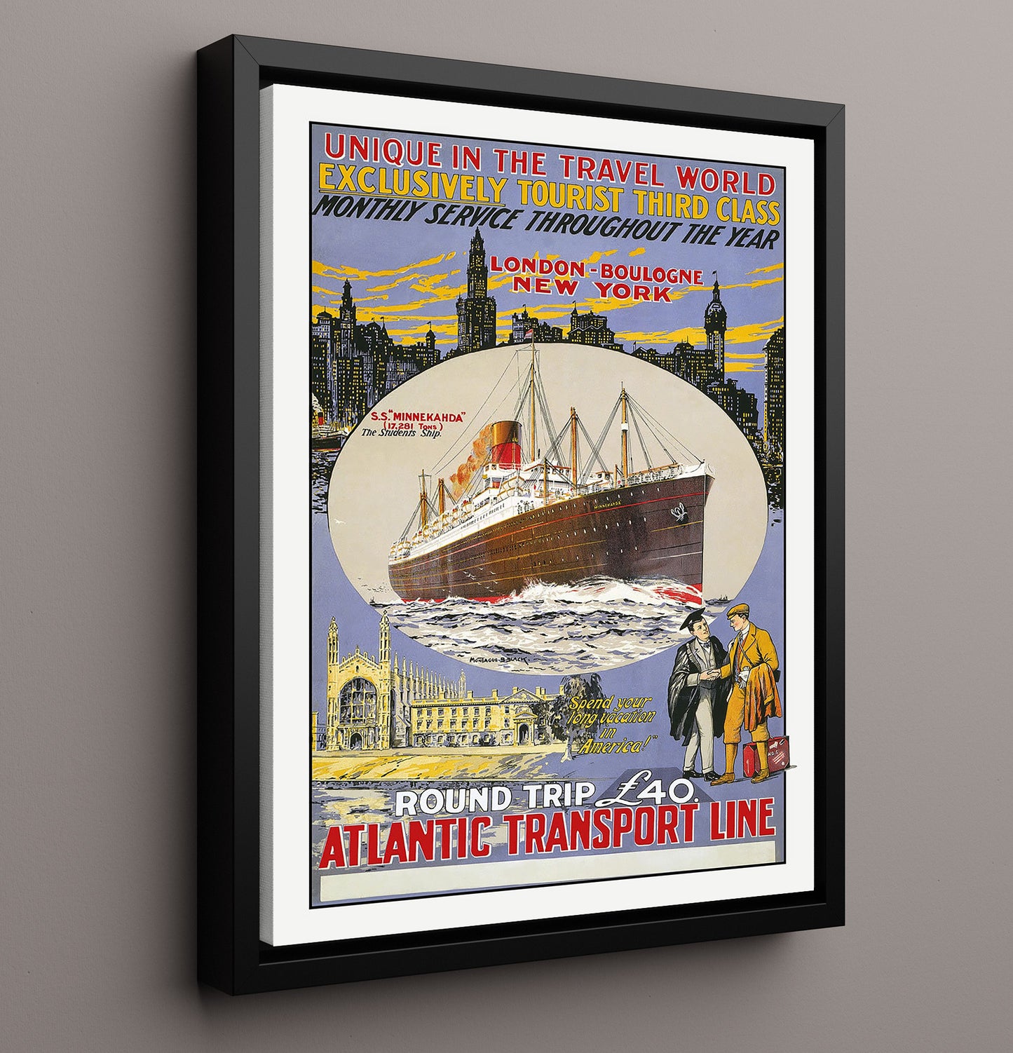 Atlantic Transport Ocean Liner to New York Vintage Travel Print 16x20 Framed Canvas travel wall art print