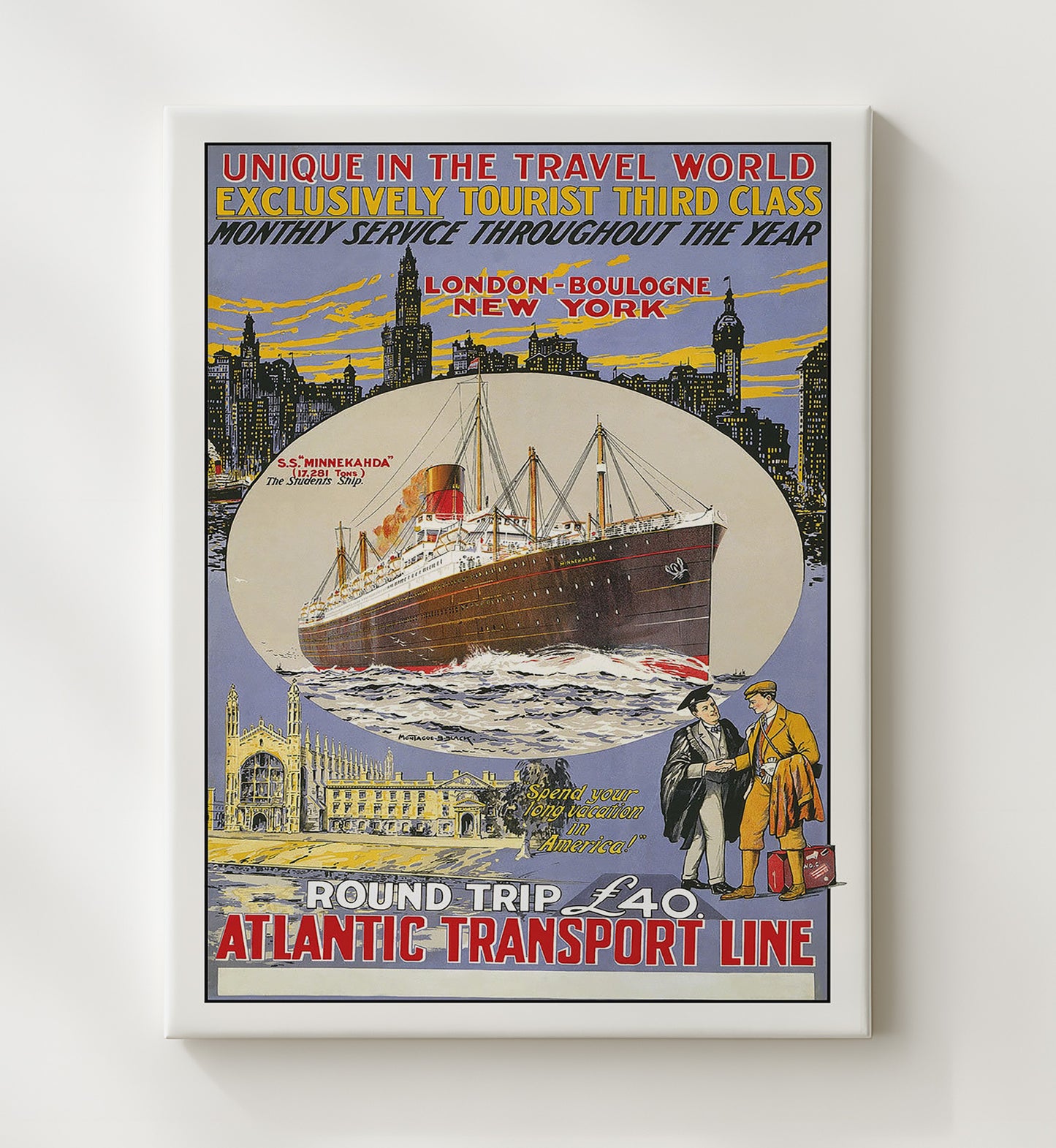 Atlantic Transport Ocean Liner to New York Vintage Travel Print 20x24 Canvas travel wall art print