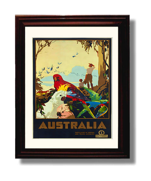 Australia Exotic Birds Vintage Travel Print 8x10 Beveled Frame travel wall art print
