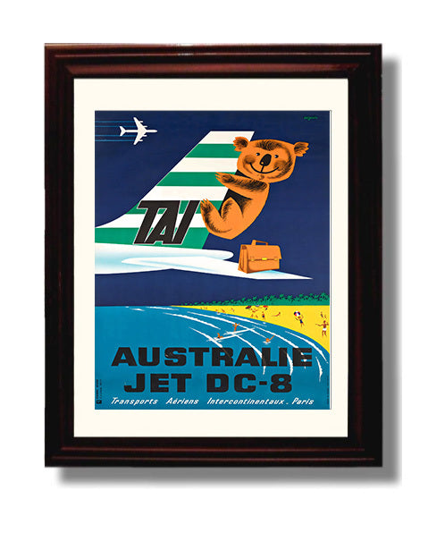 Australia Jet DC 8 Vintage Travel Print 8x10 Beveled Frame travel wall art print