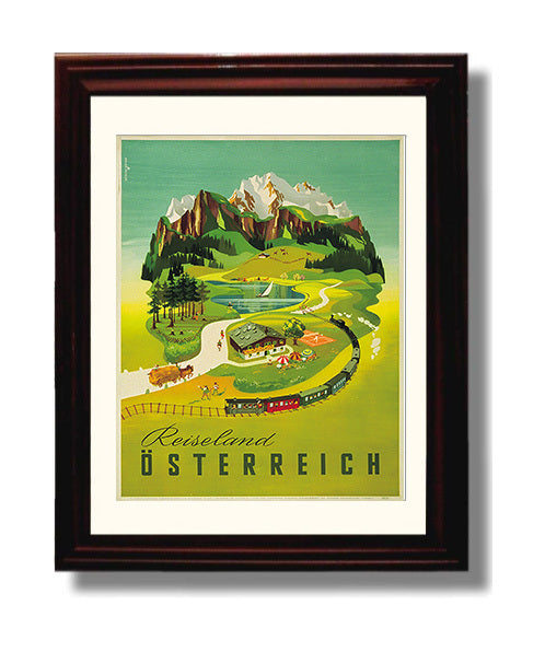 Austria Reiseland Osterreich Vintage Travel Print 8x10 Beveled Frame travel wall art print