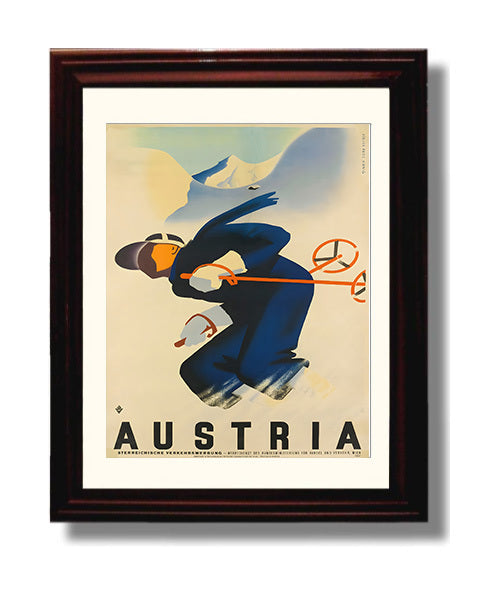 Austria Skier Vintage Travel Print 8x10 Beveled Frame travel wall art print