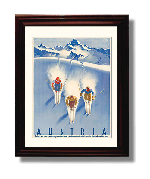 Austria Skiing Trio Vintage Travel Print 8x10 Beveled Frame travel wall art print