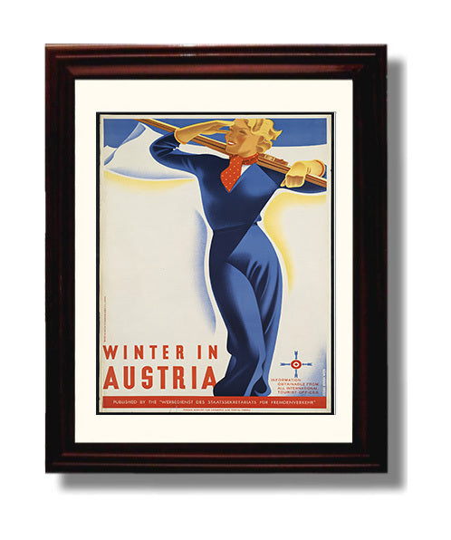 Austria Winter Sports Vintage Travel Print 8x10 Beveled Frame travel wall art print