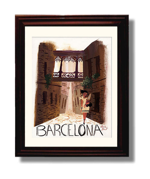 Barcelona Gothic Quarter Street Vintage Travel Print 8x10 Beveled Frame travel wall art print