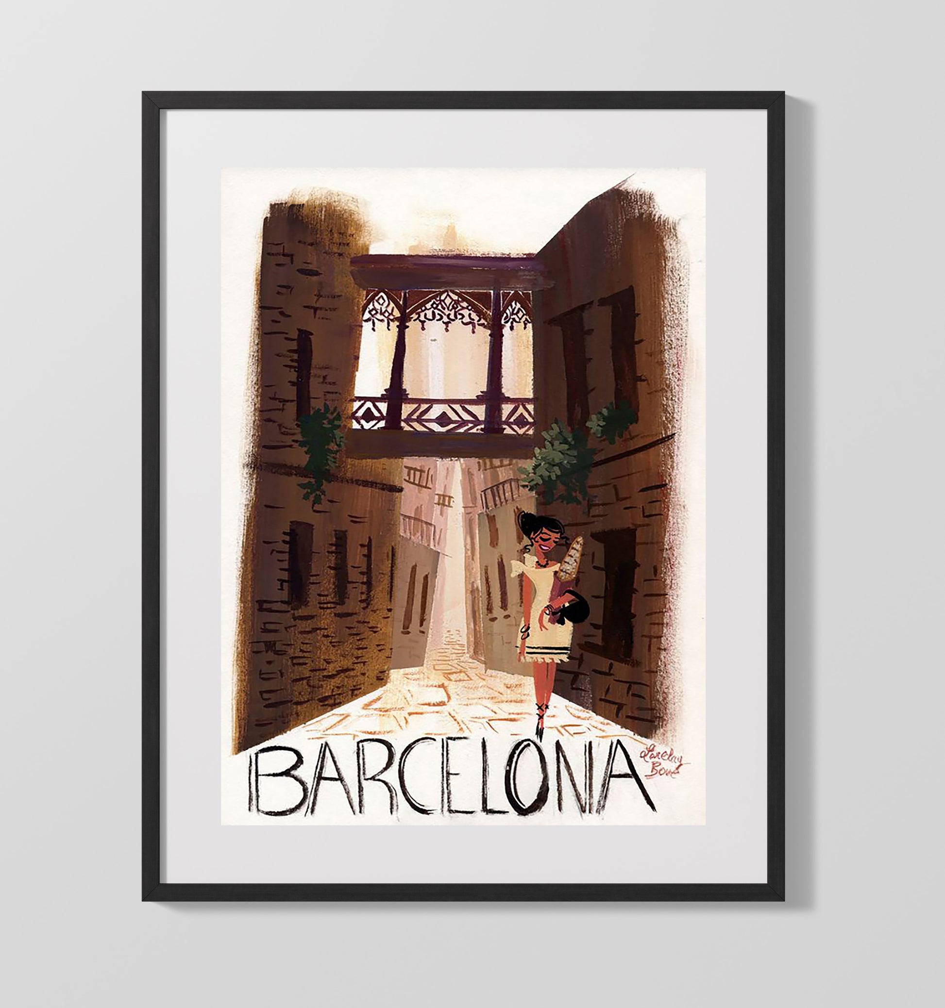 Barcelona Gothic Quarter Street Vintage Travel Print 16x20 Gallery Frame travel wall art print
