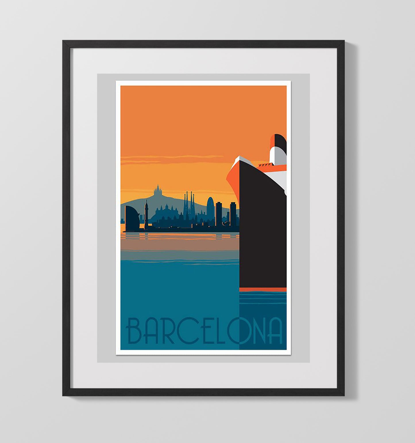 Barcelona Skyline Sagrada Familia Vintage Travel Print 16x20 Gallery Frame travel wall art print