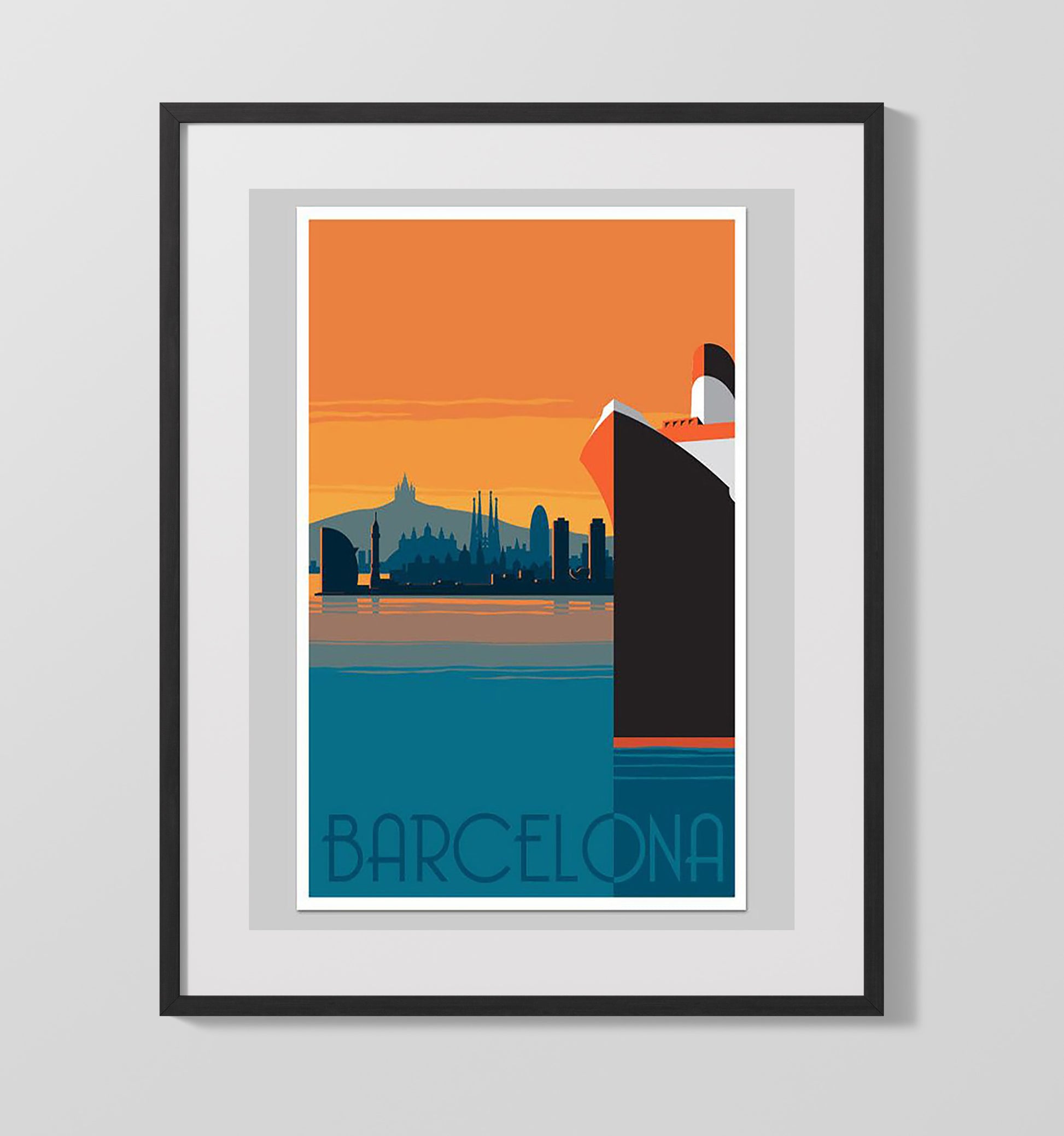 Barcelona Skyline Sagrada Familia Vintage Travel Print 16x20 Gallery Frame travel wall art print