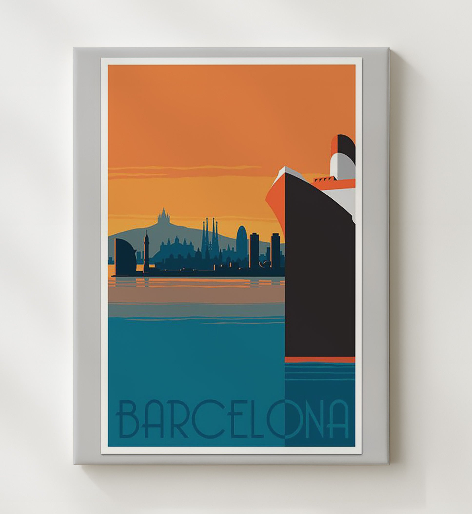 Barcelona Skyline Sagrada Familia Vintage Travel Print 20x24 Canvas travel wall art print